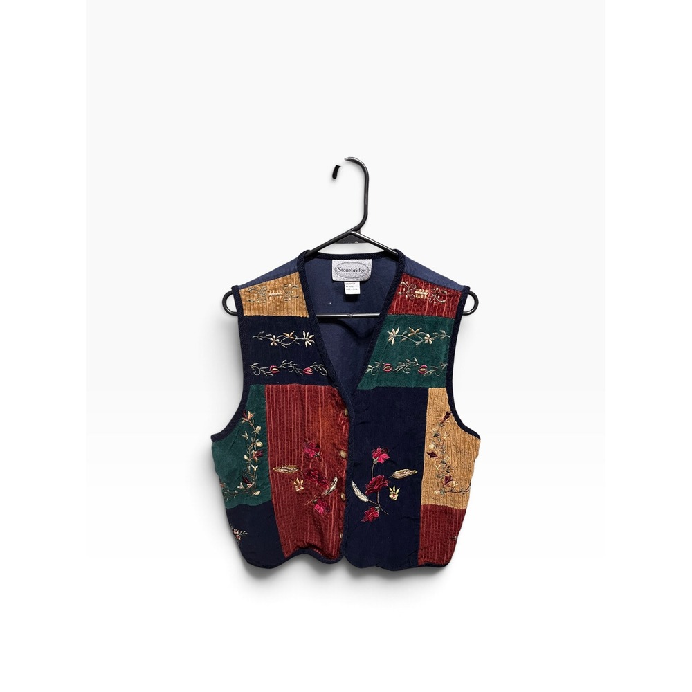 Stonebridge Vintage Corduroy Patchwork Floral Embroidered Vest Navy Multi Large